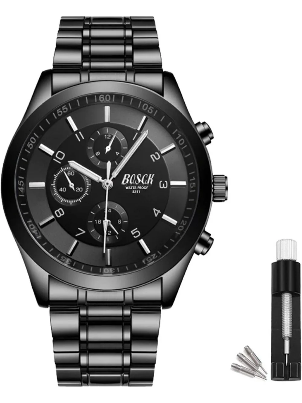 Men's Black Analog Quartz Stainless Steel Chronograph Waterproof Wrist Watch